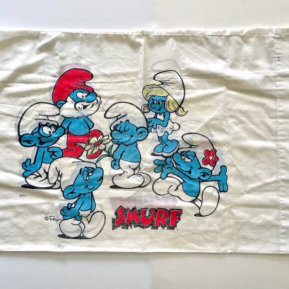 Vintage 1980s Smurf Sheet Set w Fitted Bottom + Flat Top + Pillowcase Peyo Retro - Picture 2 of 14